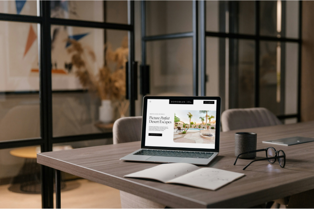 A website for an Arizona pool contractor displays on a tablet set as the featured image for the blog The 10 Places You Need to Be Online—Besides Google by Sprout Marketing and Design