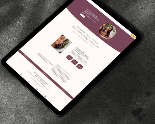 Life coaching website design template showcased on a tablet with dark shaded background