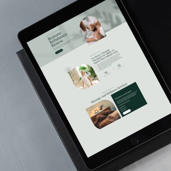 A massage therapist website template for WordPress showcased on a tablet